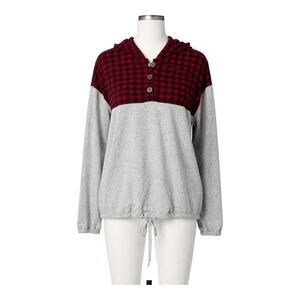 Maurices XL Buffalo Plaid Hooded Sweater Gray Pullover Button Neck Cozy Hoodie